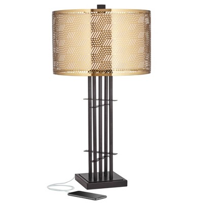 Possini Euro Design Wayne 29 1/4 Tall Modern Glam Luxury End Table Lamp  USB Port Brass Finish Metal Black Marble Single Living Room Charging  Bedroom