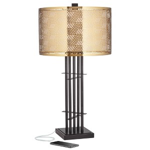 Possini Euro Design Deborah Modern Mid Century Table Lamp 30" Tall Black with USB Charging Port Gold Metal Double Drum Shades for Living Room Desk - 1 of 4