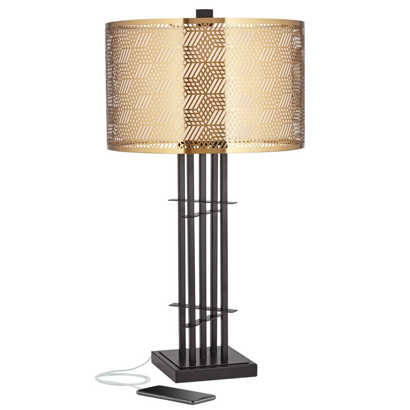 Possini Euro Design Deborah Modern Mid Century Table Lamp 30" Tall Black with USB Charging Port Gold Metal Double Drum Shades for Living Room Desk, 1 of 10