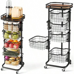 5 Tier Kitchen Fruit Vegetable Storage Cart with One - Piece Rotating Basket Black Pantry Organizer Shelf Rack Rolling - 1 of 4
