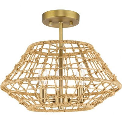 Progress Lighting Laila 3-Light Semi-Flush Vintage Brass Ceiling Light, Hand-Knotted Jute Strands