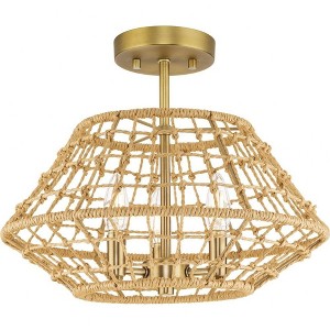 Progress Lighting Laila 3-Light Semi-Flush Vintage Brass Ceiling Light, Hand-Knotted Jute Strands - 1 of 1