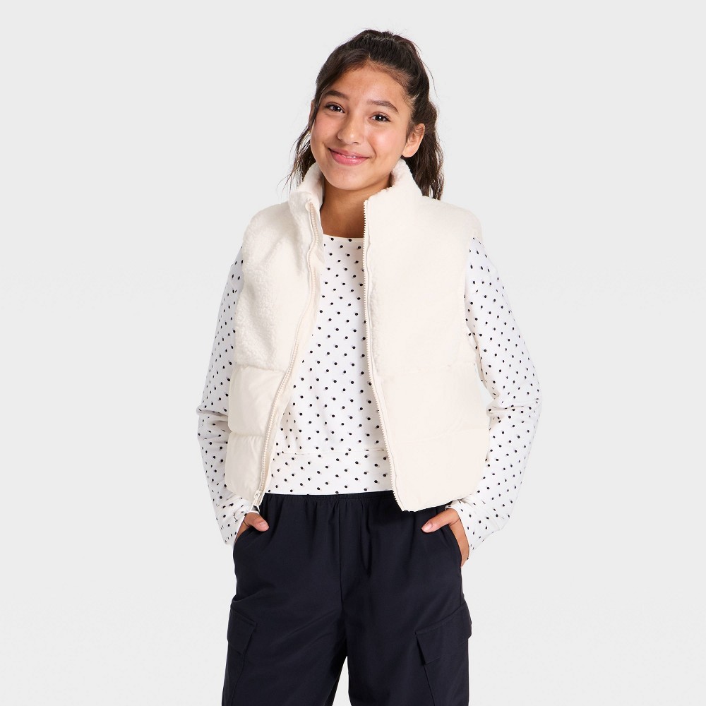 Girls' High Pile Fleece Puffer Vest - All In Motion™ Cream M