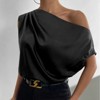 Women's One-Shoulder Blouse, Satin Drape Sleeve Top, Casual Loose-Fit Asymmetrical Neck Shirt - 2 of 4