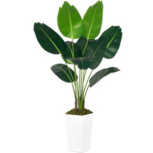 5ft Artificial Bird of Paradise with 10 Leaves in White Planter Realistic Faux Tropical Plant for Indoor Outdoor Modern Decor Gift (1 Pack) - 1 of 4