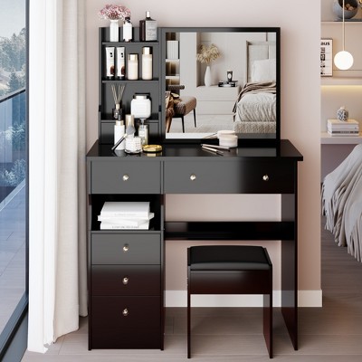 VYNXARIA 37" Middle Size Left Drawer Desktop Vanity Table&Cushioned Stool,Extra Large Right sliding mirror,Suitable For Large Space,Black