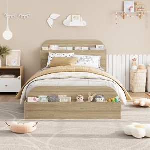 Wooden Bed Frame with Storage Headboard and Raised-Foodboard for Kid, Full-Floor Low Platform Bed for Bedroom, Sturdy Wooden Slats Support - 1 of 4