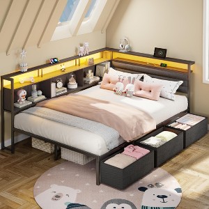Full Size Bed Frame with Headboard and Storage Drawers Full Metal Platform Corner Bed Frame with Charging Station and LED Lights - 1 of 4