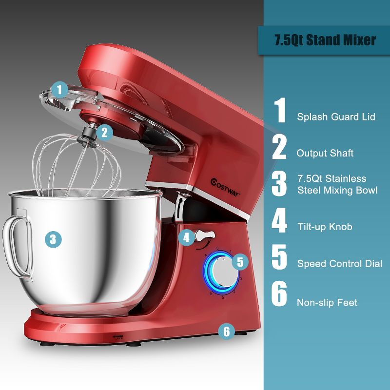 Costway Tilt-Head Stand Mixer 7.5 Qt 6 Speed 660W with Dough Hook, Whisk & Beater Red, 5 of 11