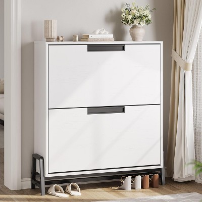 2-Drawer Shoe Storage Cabinet - Freestanding Organizer with Adjustable Shelf & Metal Legs for Entryway, Hallway