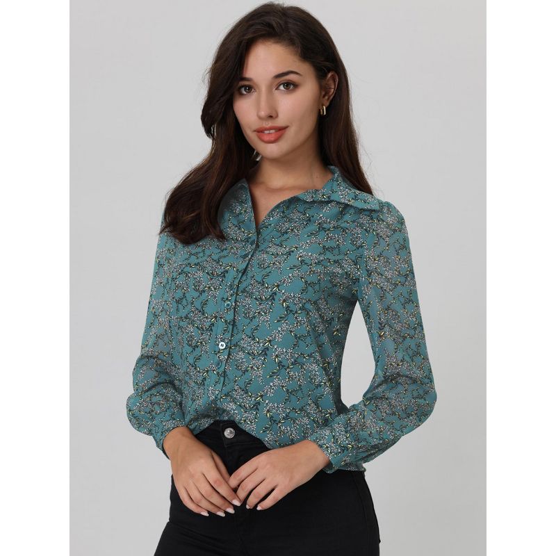 Hobemty Women's Floral Pattern Point Collar Long Sleeve Button Down Shirt, 5 of 6