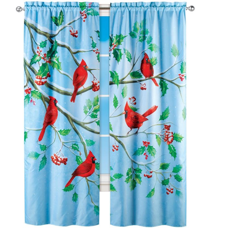Collections Etc Cardinals On Branch Winter Holly Scenic Curtain Panel Set, 1 of 3