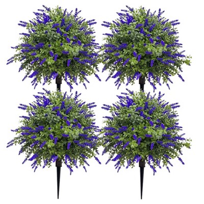 Set of 4 Artificial Lavender Topiary Trees with Ground Spikes - 24 Inch UV Resistant Fake Plants for Outdoor Decor, Front Porch, Garden