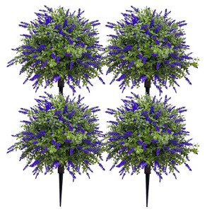 Set of 4 Artificial Lavender Topiary Trees with Ground Spikes - 24 Inch UV Resistant Fake Plants for Outdoor Decor, Front Porch, Garden - 1 of 4