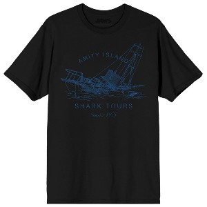 Jaws Franchise Amity Island Shipwreck Shark Tours on Black Adult Crew Neck Short Sleeve T-shirt - 1 of 3