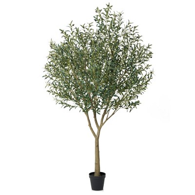 DR.Planzen 5-8FT Lush Artificial Olive Tree - UV Resistant Fake Plant with Black Fruits in 7x8" Black Pot for Indoor/Outdoor House & Floor Decor