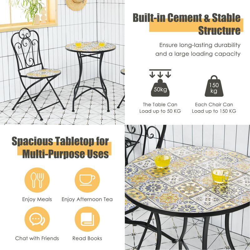 Tangkula 2PCS Outdoor Mosaic Folding Bistro Chairs Patio Chairs with Ceramic Tiles Seat and Exquisite Floral Pattern Yellow Seat, 5 of 8