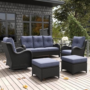 LayinSun Outdoor Patio Furniture Set, Black Rattan Wicker Sectional Swivel Rocker Chairs Sets with Ottomans, Swivel Glider Chair - 1 of 4