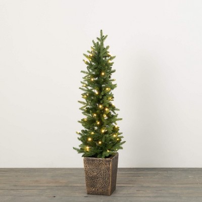 49"H Sullivans Artificial Medium LED Pine Christmas Tree Planter, Green, Indoor Christmas Decor
