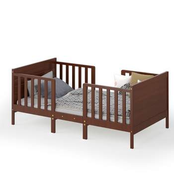 Tangkula 2-in-1 Convertible Kids Furniture Bed Toddler Crib with 2 Side Safety Guardrails White/Brown