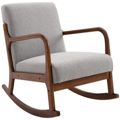 Modern Grey Linen Fabric Upholstered Rocking Armchair with Wooden Base