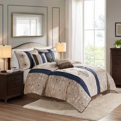 Navy and Taupe Jacquard Queen Comforter Set with Decorative Pillows