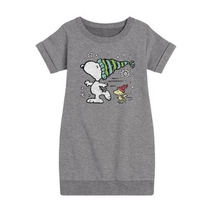 Girls' - Peanuts - Snoopy Woodstock Skate Graphic Short Sleeve Fleece Dress - 1 of 4