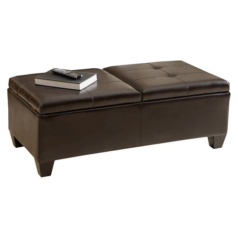 Alfred Bonded Leather Storage Ottoman, Brown Leather Storage Ottoman With Tray