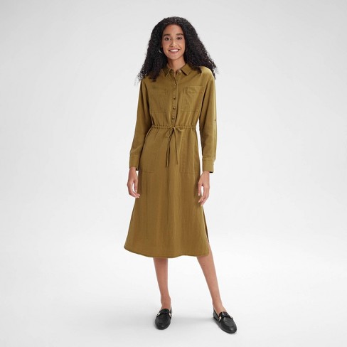 Women s Long Sleeve Utility Midi Shirtdress A New Day Olive M Target