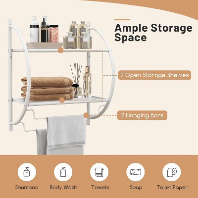 White Metal Wall-Mounted 2-Tier Bathroom Shelf with Towel Bars