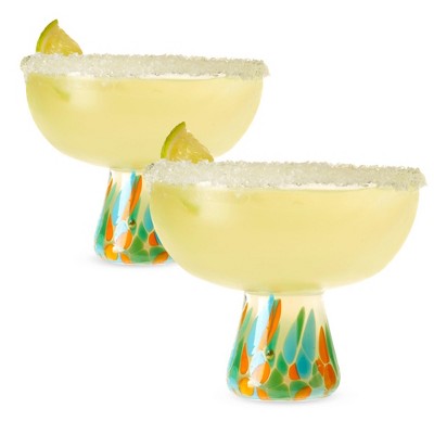 Segunda Vida Viajar Hand-Blown Margarita Glasses, Recycled Cocktail Glass, Artisan Made with Vibrant Confetti Design, Wide Stem, 10 oz, Set of 2
