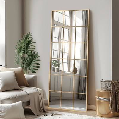 Lirago Gold Wrought Iron Grid Rectangular Full Length Mirror Frameless Design with Tempered Glass 1.05" D x 30" W x 69" H