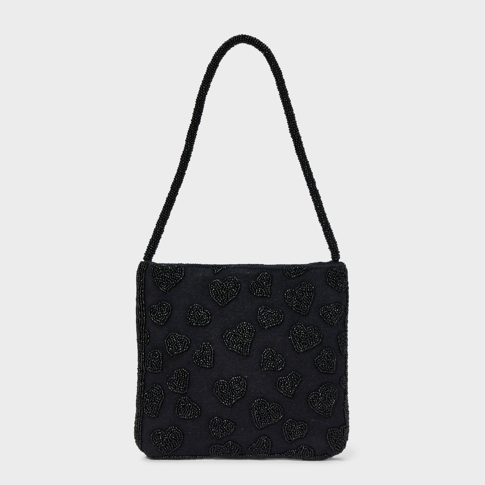 Beaded Heart Flat Shoulder Bag - A New Day™ Black: Floral Pattern, Beaded Handle, Jacquard Weave, Collapsible Design
