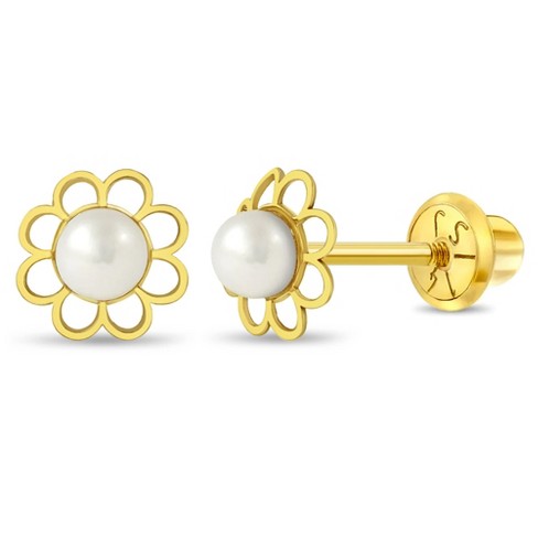 Baby Girls' Flower & Pearl Classic Screw Back 14k Gold Earrings