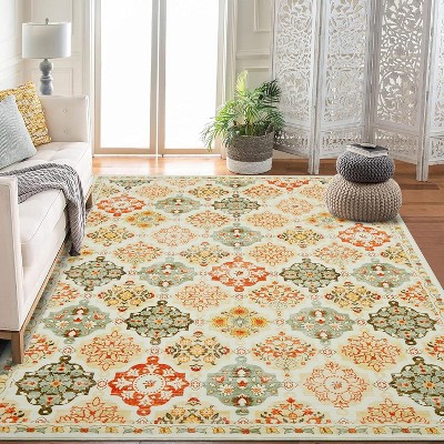 Retro Oriental Rhombus Printed Distressed Rug Washable Thin Low Pile Area Rugs for Living Room Indoor Non Slip Soft Carpet for Bedroom