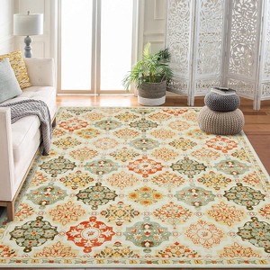 Retro Oriental Rhombus Printed Distressed Rug Washable Thin Low Pile Area Rugs for Living Room Indoor Non Slip Soft Carpet for Bedroom - 1 of 4