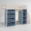 Full Size Loft Bed with Storage Staircase, Bookshelves, and Privacy Curtain, Solid Wood Frame, White and Blue Finish - 4 of 4