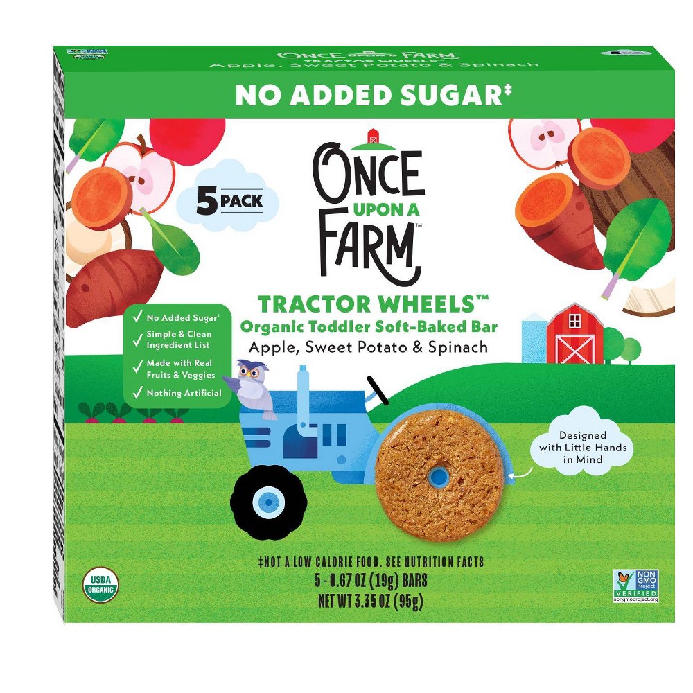 Once Upon a Farm Tractor Wheels Apple Sweet Potato &#38; Spinach Baby Snacks - 3.35oz