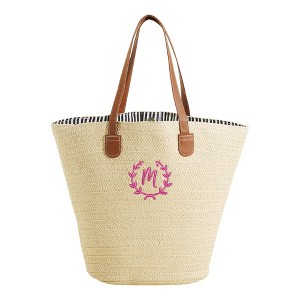 Personalization Mall Floral Wreath Embroidered Initial Straw Beach Bag - 1 of 1