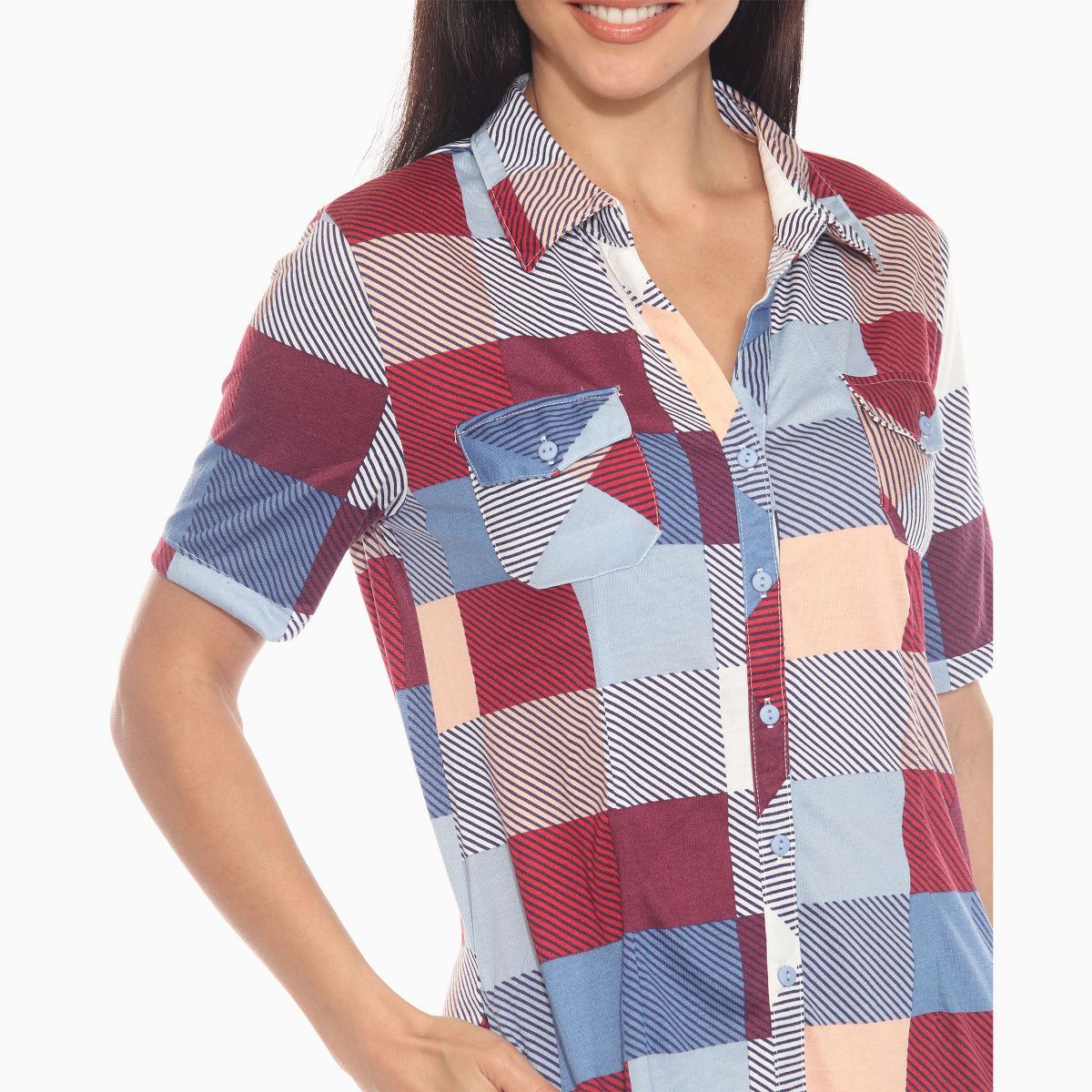 Women’s Short Sleeve Plaid Button Down Shirt Dress -White Mark - thumbnail 8