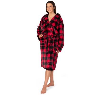 Red and Black Plaid Fleece Hooded Long Bathrobe