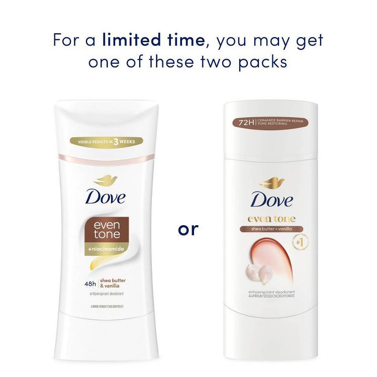 Two Dove antiperspirant deodorant packs labeled "even tone" with shea butter and vanilla, featuring visible results in 3 weeks and 72-hour protection.