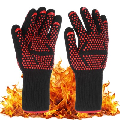 Unique Bargains Silicone Heat Resistant Fireproof Grilling Gloves 1472°F High Temp Resistance Red 1 Pc
