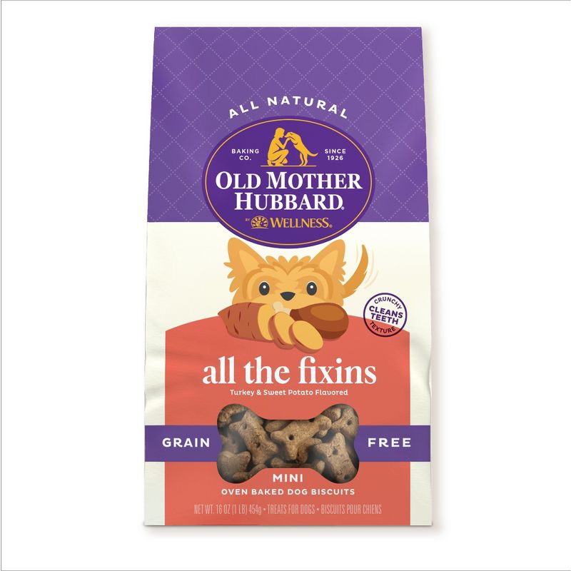 Old Mother Hubbard by Wellness Grain Free  All The Fixins&#39; Biscuits Mini oven Oven Baked with Turkey and Sweet Potato Dog Treats &#8211; 16oz, 1 of 8
