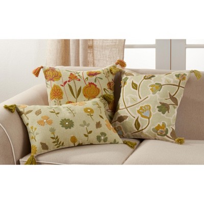 Green Embroidered Cotton Floral Throw Pillow Cover