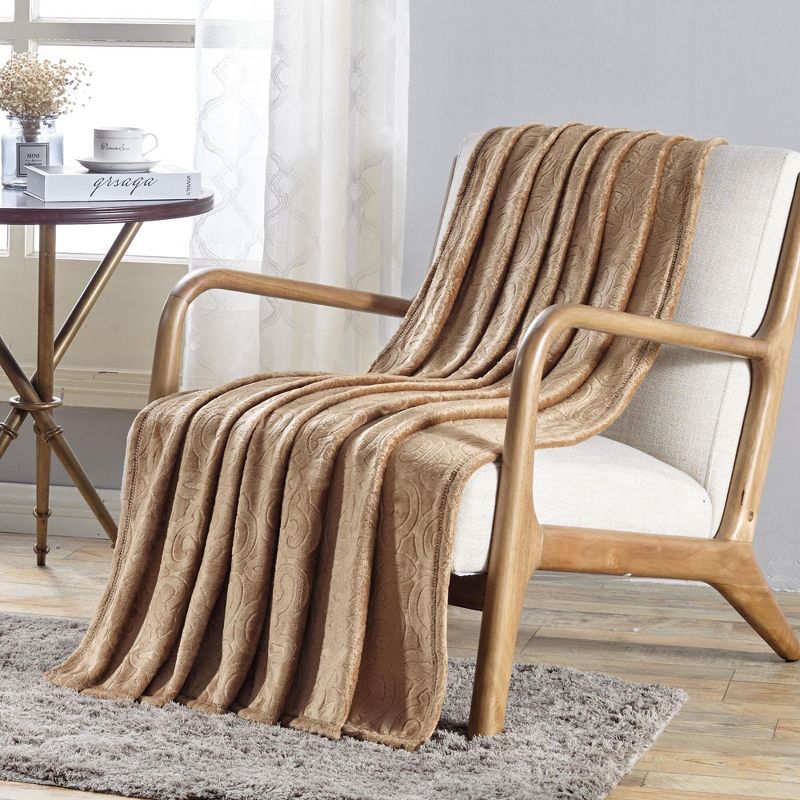 Dama Scroll All Season Embossed Pattern Ultra Soft and Cozy 50" x 60" Throw Blanket, Taupe, 1 of 5
