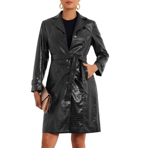 Allegra K Women s Faux Leather Notch Collar Button Down Belted Winter Long Coat Black X small Target