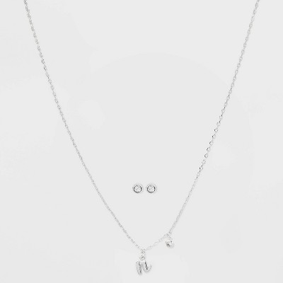 Silver Plated Cubic Zirconia Initial Chain Pendant Necklace and Earring Set - A New Day™ Silver