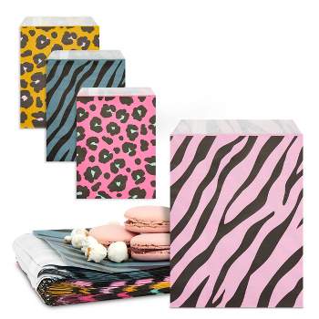 Blue Panda 100 Pack Animal Print Paper Goodie Treat Bags for Safari kids Birthday Party Favors, 4 Designs, 5 x 7.5 In