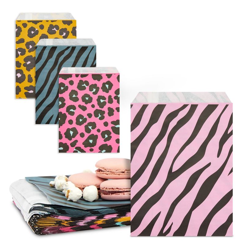 Blue Panda 100 Pack Animal Print Paper Goodie Treat Bags for Safari kids Birthday Party Favors, 4 Designs, 5 x 7.5 In, 1 of 8